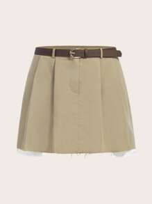 SHEIN EZwear Plus High Waist Fold Pleated Skirt Without Belt - Khaki - View 1