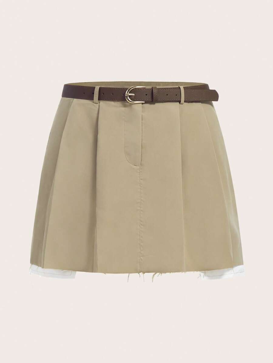 SHEIN EZwear Plus High Waist Fold Pleated Skirt Without Belt - Khaki - View 1