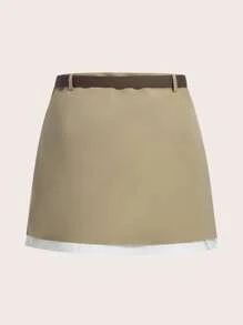 SHEIN EZwear Plus High Waist Fold Pleated Skirt Without Belt - Khaki - View 2