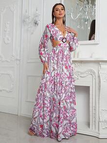 YISIKADO 滿版印花腰部鏤空燈籠袖連衣裙 - 彩色 - 查看 5