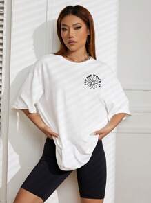 SHEIN Unity Áo thun nữ Hoa Slogan Giải trí - trắng - Xem 6