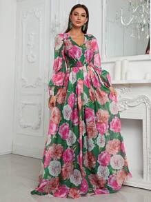 YISIKADO Váy Chiffon Tay Lửng In Hoa - Màu xanh lá cây đậm - Xem 2