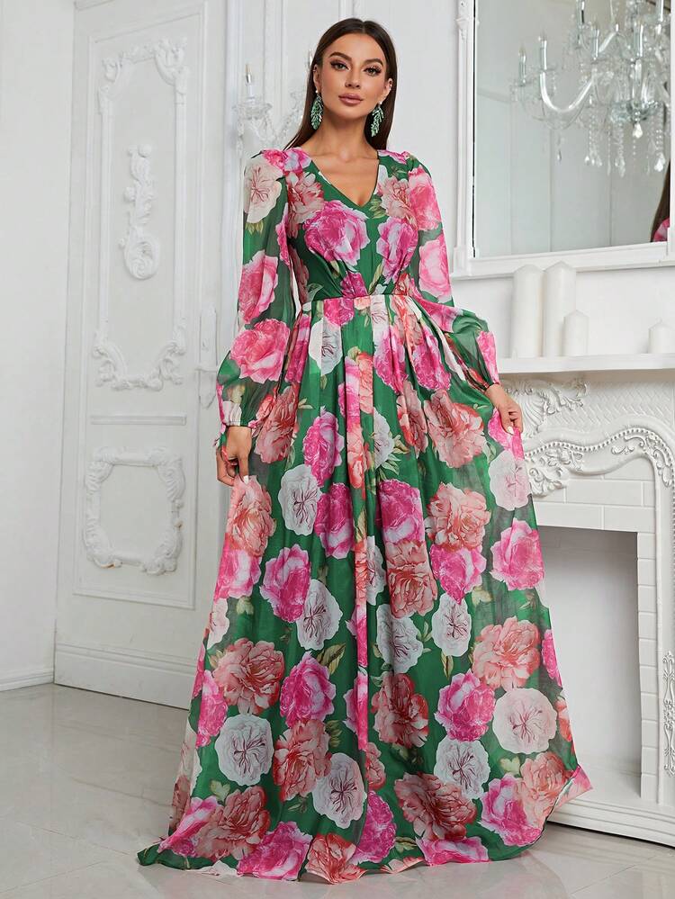 YISIKADO Váy Chiffon Tay Lửng In Hoa - Màu xanh lá cây đậm - Xem 1