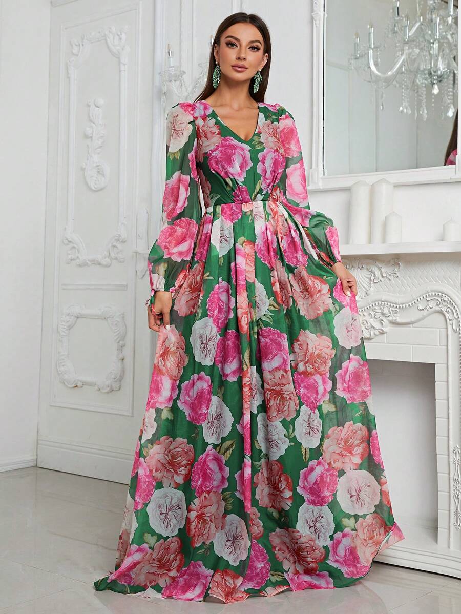 YISIKADO Váy Chiffon Tay Lửng In Hoa