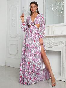 YISIKADO 滿版印花腰部鏤空燈籠袖連衣裙 - 彩色 - 查看 6