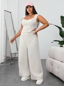 SHEIN EZwear 大碼素色背心上衣和闊腿褲 - 杏色 - 查看 1