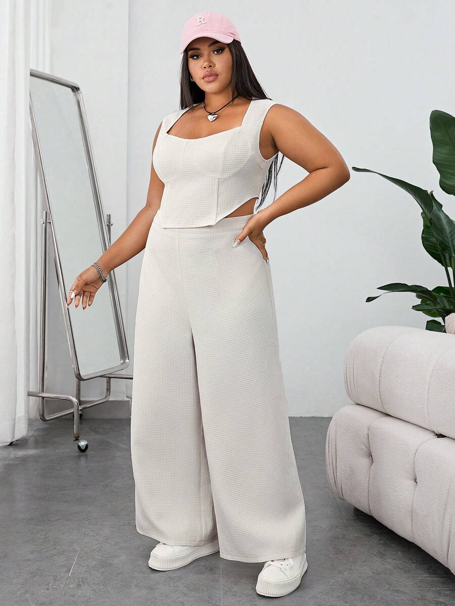 SHEIN EZwear 大碼素色背心上衣和闊腿褲 - 杏色 - 查看 1