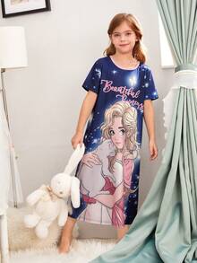 Tween Girl Cartoon Graphic Nightdress - Navy Blue - View 5