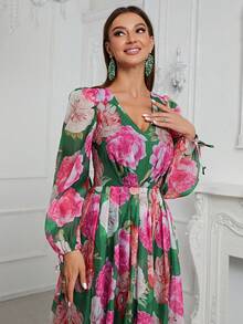 YISIKADO Váy Chiffon Tay Lửng In Hoa - Màu xanh lá cây đậm - Xem 7