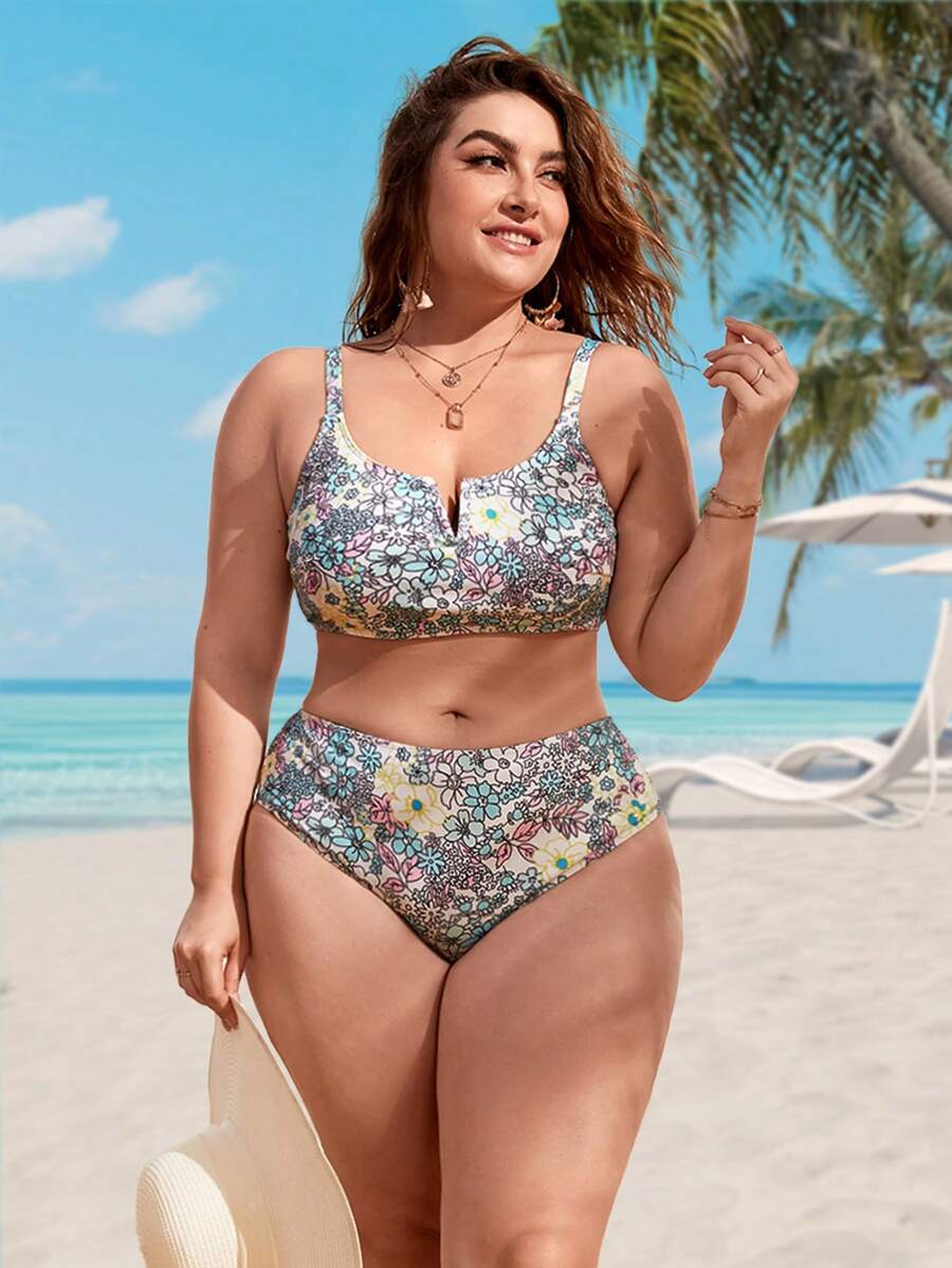 SHEIN Swim Curve Plus Size Floral Print Bikini Set Summer Beach - Multicolor - View 1