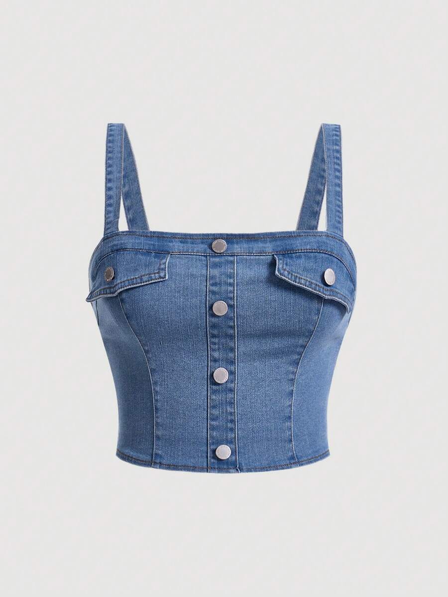 SHEIN ICON 大碼前紐扣牛仔吊帶上衣 - 中等水洗藍 - 查看 1