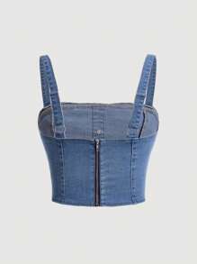 SHEIN ICON 大碼前紐扣牛仔吊帶上衣 - 中等水洗藍 - 查看 2