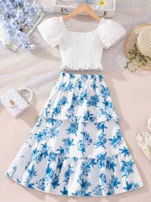 SHEIN Menina Malhado Manga Bufante Bainha Com Babado Blusa & Impressão Floral Bainha Com Babado Saia