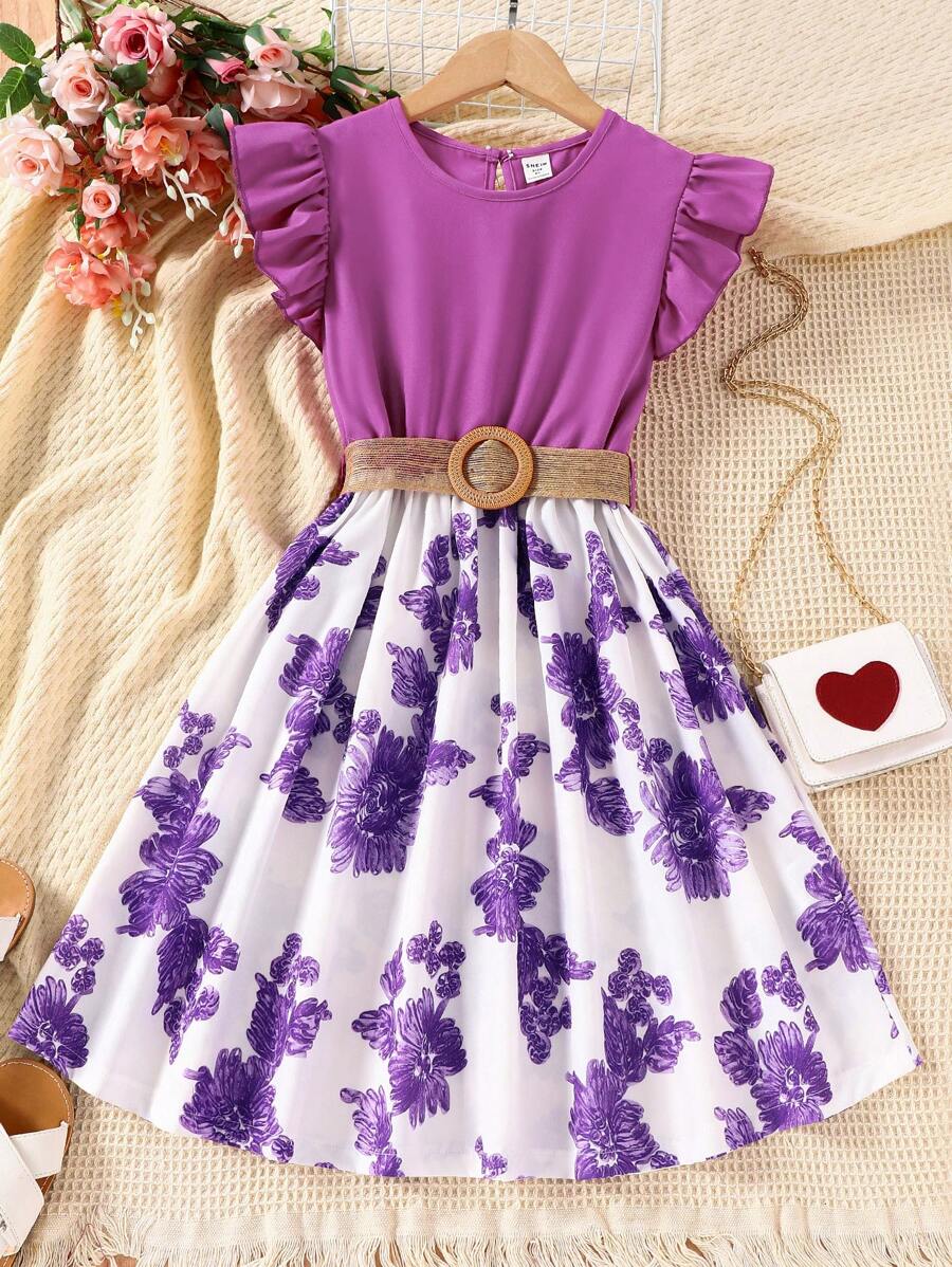 SHEIN Đầm Gái Xù Hoa Dễ thương - Màu tím  Violet - Xem 1