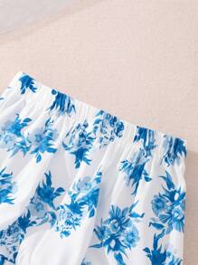SHEIN Menina Malhado Manga Bufante Bainha Com Babado Blusa & Impressão Floral Bainha Com Babado Saia