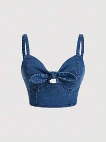 SHEIN ICON Plus Knot Front Cami Denim Top - Medium Wash - View 1
