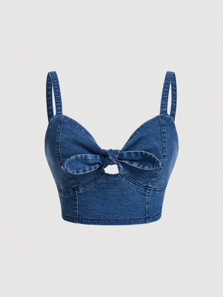 SHEIN ICON Plus Knot Front Cami Denim Top - Medium Wash - View 1