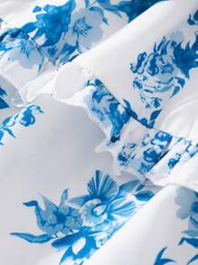 SHEIN Menina Malhado Manga Bufante Bainha Com Babado Blusa & Impressão Floral Bainha Com Babado Saia