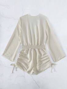 Solid Drawstring Side Ruched Side Cover Up Romper - Beige - View 2