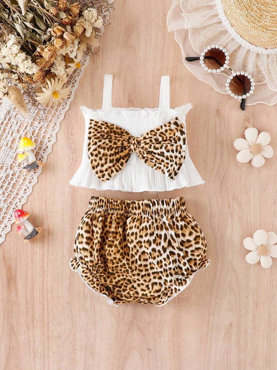 Bebé Conjunto de top de tirantes y shorts con estampado de leopardo con lazo delantero - Multicolor - Ver 1