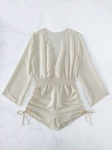 Solid Drawstring Side Ruched Side Cover Up Romper - Beige - View 5