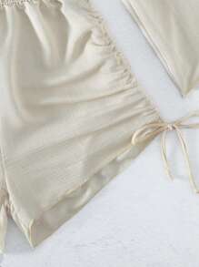 Solid Drawstring Side Ruched Side Cover Up Romper - Beige - View 6