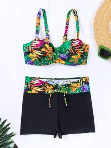 熱帶圖案抽繩比基尼泳裝 - 彩色 - 查看 3