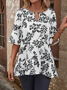 EMERY ROSE Plants Print Keyhole Neckline Flounce Sleeve Ruffle Hem Blouse - Black and White - View 1