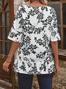 EMERY ROSE Plants Print Keyhole Neckline Flounce Sleeve Ruffle Hem Blouse - Black and White - View 2