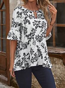 EMERY ROSE Plants Print Keyhole Neckline Flounce Sleeve Ruffle Hem Blouse - Black and White - View 3