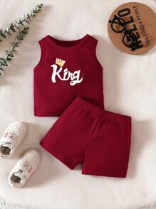 Bộ áo ba lỗ cổ tròn in chữ và quần short cho bé trai - Màu Đỏ Sâu - Xem 1