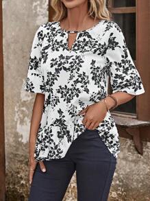 EMERY ROSE Plants Print Keyhole Neckline Flounce Sleeve Ruffle Hem Blouse - Black and White - View 5