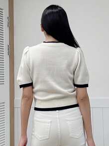 DAZY Contrast Trim Puff Sleeve Knit Top - White - View 2