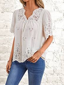 EMERY ROSE Áo sơ mi nữ Sò điệp Tranh thêu màu trơn Boho - trắng - Xem 6