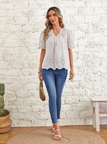 EMERY ROSE Áo sơ mi nữ Sò điệp Tranh thêu màu trơn Boho - trắng - Xem 4