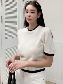 DAZY Contrast Trim Puff Sleeve Knit Top - White - View 4
