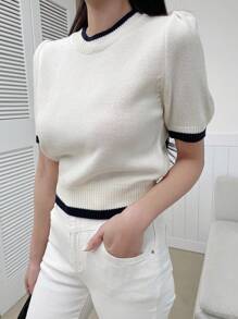 DAZY Contrast Trim Puff Sleeve Knit Top - White - View 5