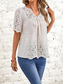 EMERY ROSE Áo sơ mi nữ Sò điệp Tranh thêu màu trơn Boho - trắng - Xem 7