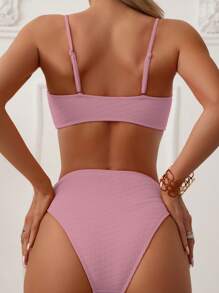 Plain High Waisted Bikini Set For Summer Beach - Pink - View 2