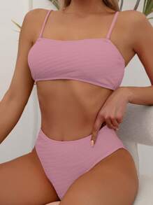 Plain High Waisted Bikini Set For Summer Beach - Pink - View 3