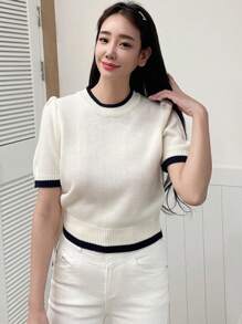DAZY Contrast Trim Puff Sleeve Knit Top - White - View 6