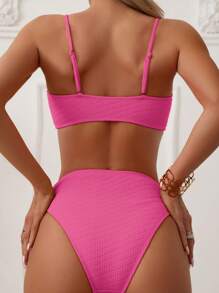 SHEIN Swim 素色高腰比基尼泳裝 - 玫紅色 - 查看 2