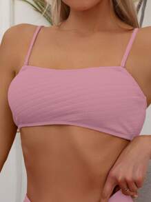 Plain High Waisted Bikini Set For Summer Beach - Pink - View 4