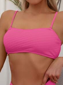 SHEIN Swim 素色高腰比基尼泳裝 - 玫紅色 - 查看 3