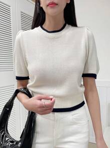 DAZY Contrast Trim Puff Sleeve Knit Top - White - View 7