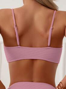 Plain High Waisted Bikini Set For Summer Beach - Pink - View 5