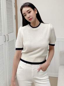 DAZY Contrast Trim Puff Sleeve Knit Top - White - View 8