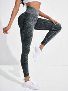 Easithlete 紮染寬腰帶頂針運動打底褲 - 黑色 - 查看 3