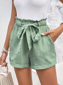 SHEIN Frenchy Quần đùi nữ Thắt lưng Túi Quần paper-bag màu trơn Giải trí - Màu xanh Bạc hà - Xem 1