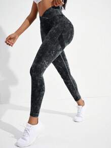 Easithlete 紮染寬腰帶頂針運動打底褲 - 黑色 - 查看 6